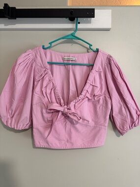 Abercrombie & Fitch Light Pink Ruffle Tie-Front Puff Sleeve Top